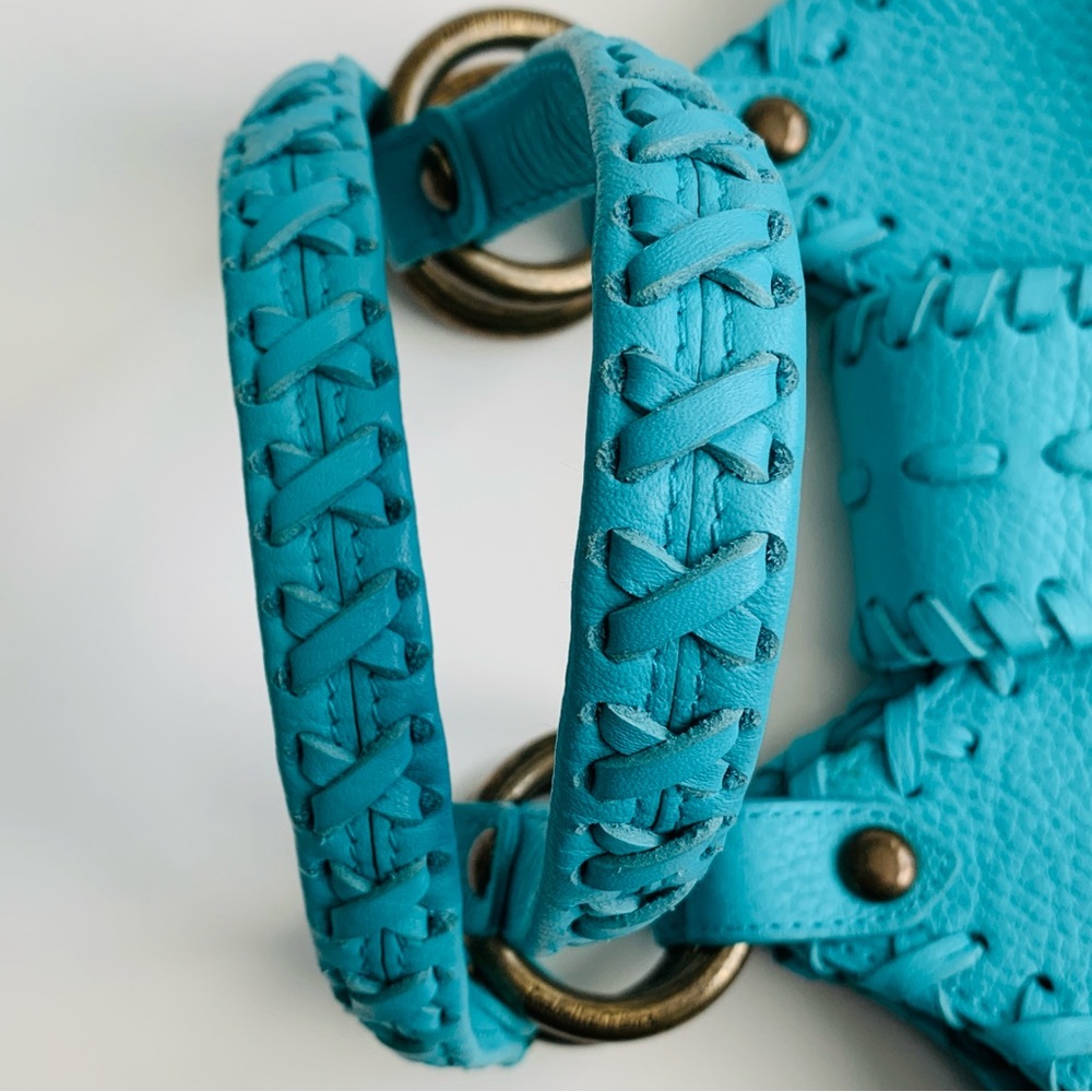 ISABELLA FIORE Turquoise Blue Leather Whip Stitch Shoulder Hobo Bag Purse - Picture 6 of 16